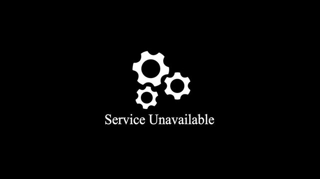 Service unavailable error message animation with spinning gear wheels, server connection failure status icon for website and mobile apps, flat white design on black.