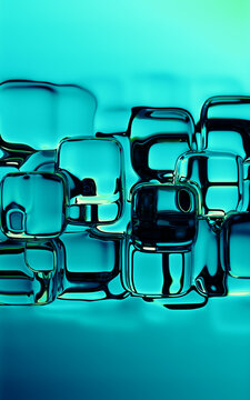 Fluid like transparent cubes curved shapes on gradient blue background
