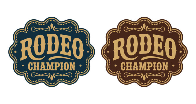 Rodeo champion belt buckle label, vintage western vector emblem featuring ornate typography, cowboy bull rider medal design for ranch branding, posters, apparel logos, badges, prints, and stickers