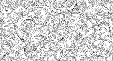 Obraz premium Intricate Floral Scrollwork Pattern Delicate Leaves and Vines Vintage Botanical Illustration Textile Design Black and White