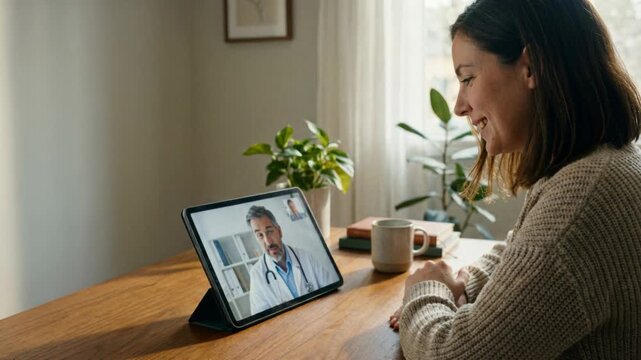 Caucasian woman having a telehealth consultation with a male doctor via video call on a tablet, for home healthcare and remote medical advice.