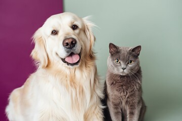 Fototapeta premium Light golden retriever gray cat twotone background happy dog calm cat sitting side by side friendly companion bond warm fur portrait studio close-up