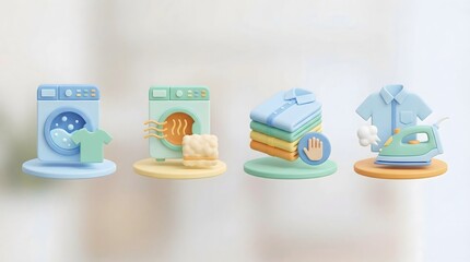 Fototapeta premium 3D Rendered Laundry Process Icons: Washing, Drying, Folding, and Ironing Clothes in Pastel Colors