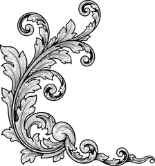 Fototapeta premium Ornate Baroque Flourish Scrollwork Detail with Acanthus Leaves Intricate Engraving Style Isolated on White Background