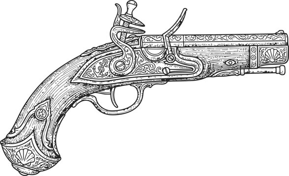 Ornate Flintlock Pistol with Detailed Engravings Antique Weapon Historical Object Etching Style
