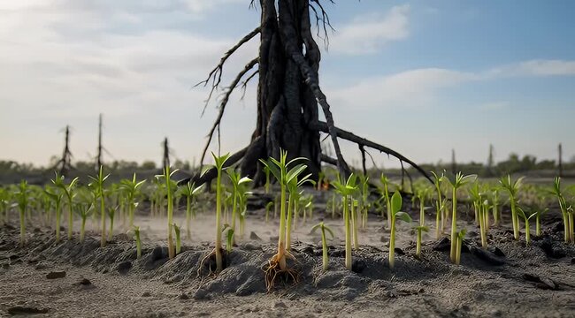 Resilient Seedlings Sprouting Amidst a Barren Landscape with a Twisted, Dead Tree