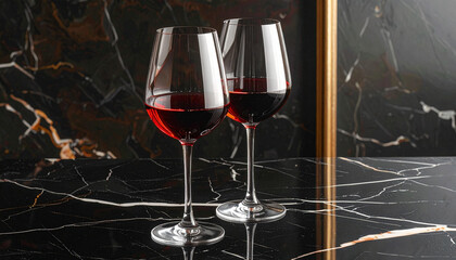 Two red wine glasses on marble