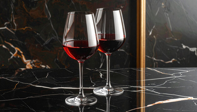 Two red wine glasses on marble