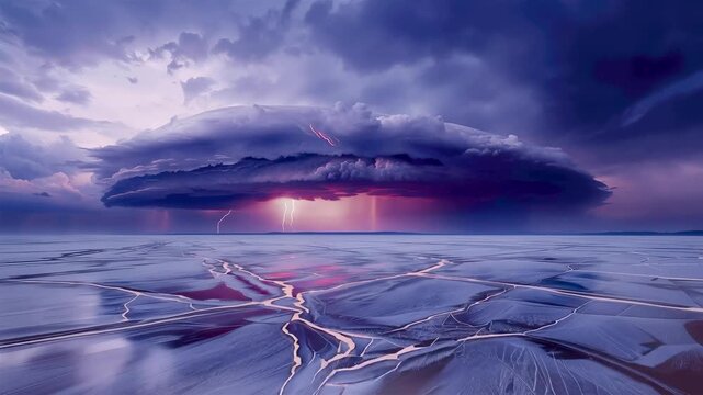 Dramatic storm cloud formation over frozen landscape with glowing horizon and winding surface patterns under intense twilight sky