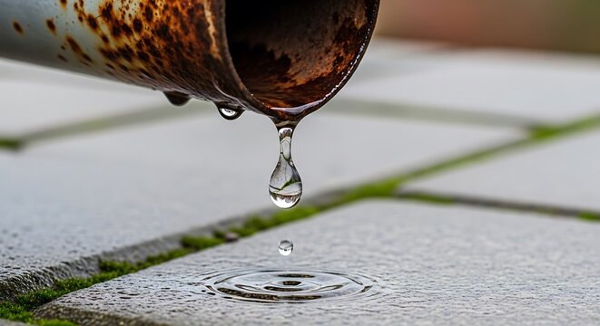A close up view of a single drop of water falling from a rusty metal pipe onto a paved surface illustration