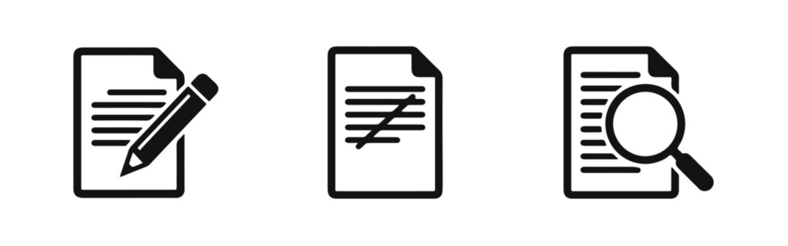 Set of three minimalist business icons illustrating project management, detailed analysis, and strategic problem-solving with a jigsaw puzzle.