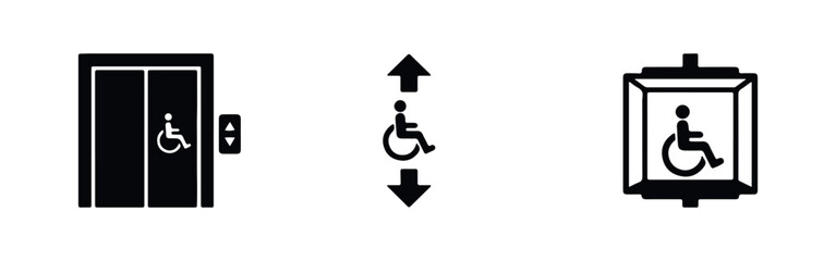 Set of black icons for wheelchair-accessible elevators, featuring symbols for elevator doors, directional arrows, and cabin top view on white. © Lili