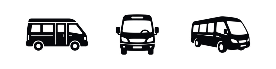 Set of three minimalist black minibus icons showing side, front, and perspective views, perfect for transportation and logistics design. © Lili