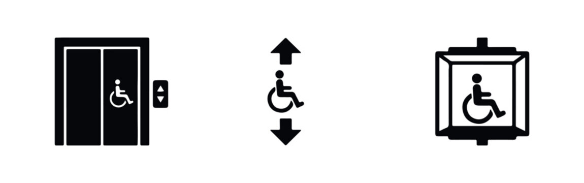 Set of black icons for wheelchair-accessible elevators, featuring symbols for elevator doors, directional arrows, and cabin top view on white.