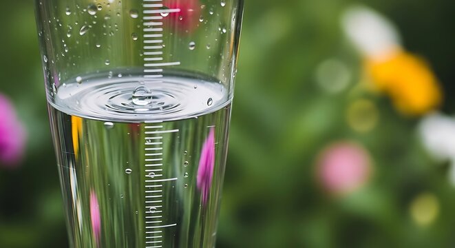 A close up view of a rain gauge filled with clear water against a blurred colorful garden background illustration
