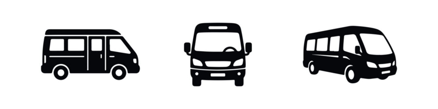Set of three minimalist black minibus icons showing side, front, and perspective views, perfect for transportation and logistics design.