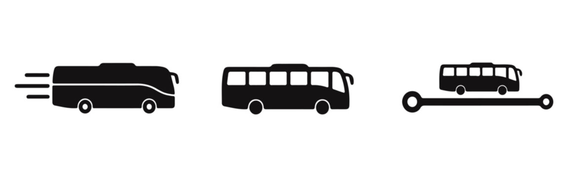Collection of black bus icons illustrating express service, public transport, and route mapping on a white background.