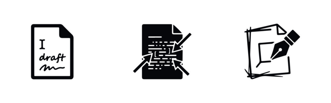 Set of minimalist black icons representing the document lifecycle, from initial drafting and editing review to final sketching and creative writing.