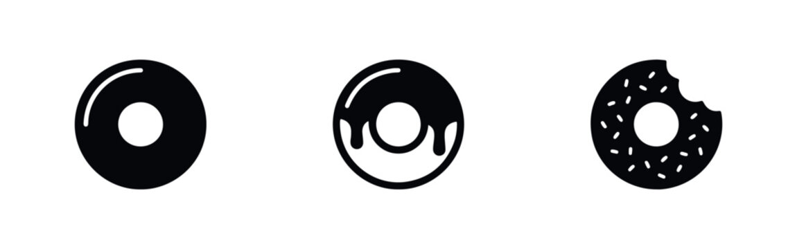 Set of three black donut icons isolated on white, featuring plain, glazed, and bitten styles with sprinkles for food and bakery design.