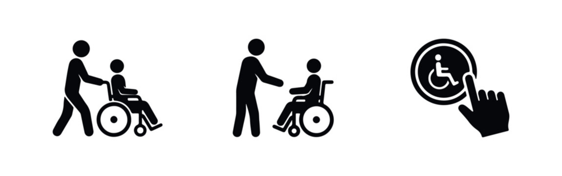 Set of accessibility icons showing wheelchair assistance, including a caregiver pushing a chair and a hand pressing a disabled call button symbol.
