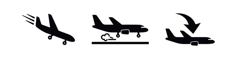 Set of minimalist black airplane icons representing flight phases: takeoff, landing, and arrival. Clean silhouette design on a white background. © Lili
