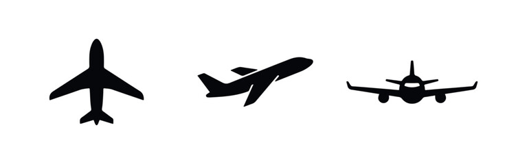 Set of three black airplane icons in different views: top, side perspective, and front. Minimalist silhouettes on a white background for travel design. © Lili
