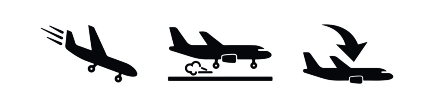 Set of minimalist black airplane icons representing flight phases: takeoff, landing, and arrival. Clean silhouette design on a white background.