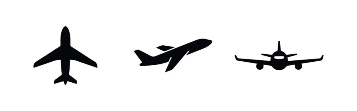 Set of three black airplane icons in different views: top, side perspective, and front. Minimalist silhouettes on a white background for travel design.