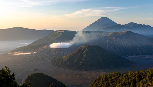 Volcano landscape at sunrise