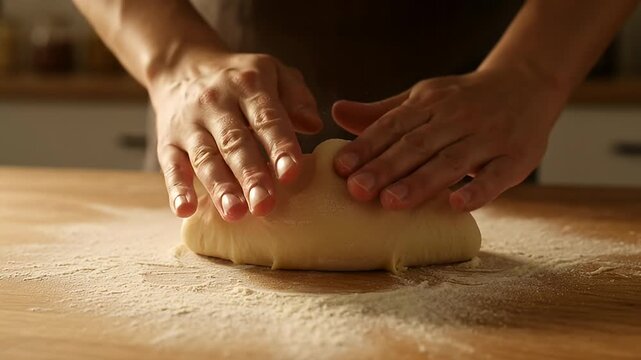 Kneading dough on a floured wooden surface with hands visible close up