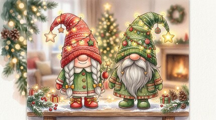Fototapeta premium Whimsical Christmas Gnomes Decor Scene With Festive Tree And Cozy Fireplace