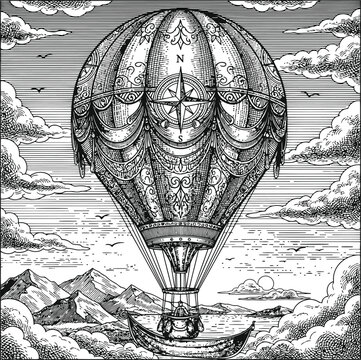 Ornate Hot Air Balloon Ascending Through Dramatic Clouds and Rocky Peaks Steampunk Adventure Intricate Engraving Style