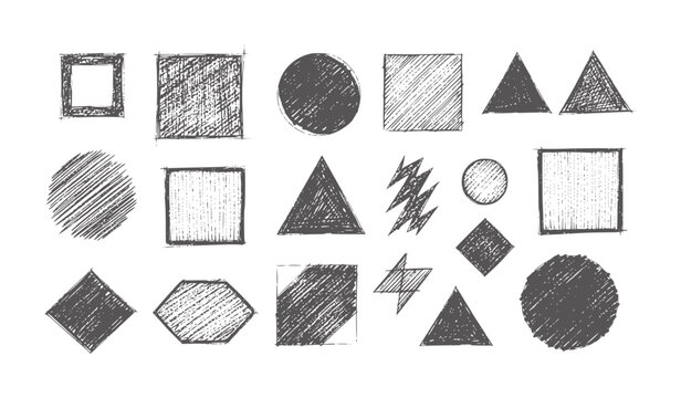 Collection of hand drawn sketchy geometric shapes and symbols square circle triangle