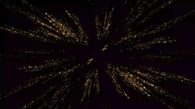 4K Gold explosion effect. particle line explosion, glowing golden glitter stars line animation. Isolated on black background. floating golden sparkles. glowing particles. 4k