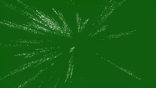 Super slow motion of white particle line explosion isolated on green background. 3D explosion animation of white spark particles softly bursting and forming light. 4k