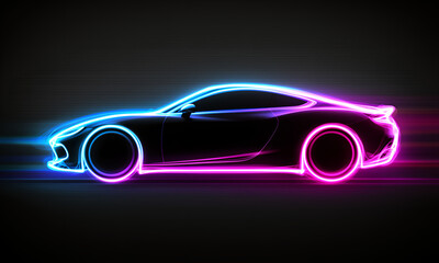Naklejka premium Futuristic sports car glowing with vibrant neon lights on a dark, dynamic background showcasing speed.