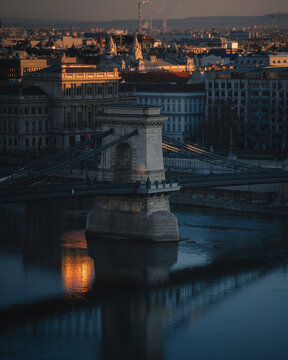 Sunrise view of Sz&eacute;chenyi Chain Bridge in Budapest, Hungary, with the Danube River