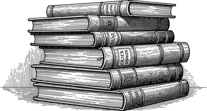 Stack of antique hardback books with embossed titles detailed engraving isolated on white background