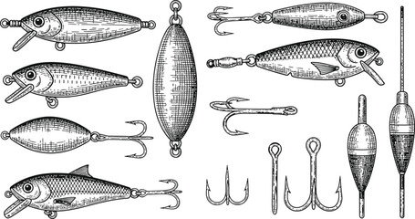 Vintage Fishing Lures and Hooks Collection Detailed Engraving Style Isolated on White Background for Angling Enthusiasts © Ishtiaq