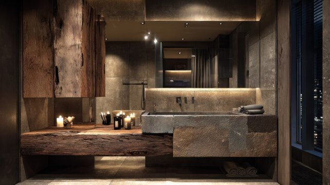 Modern bathroom interior with stone sink and wooden cabinetry design