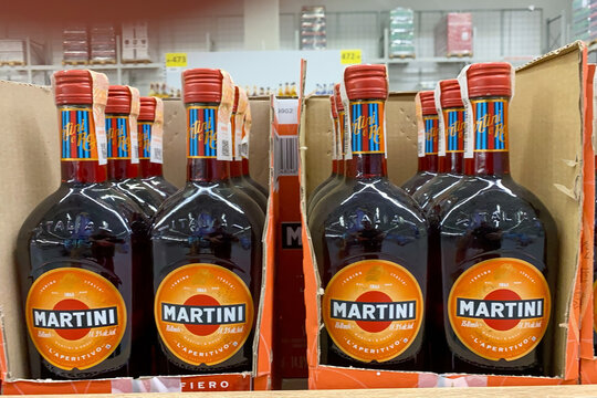 Kyiv, Ukraine, October 4, 2023: Martini fiero bottles on retail display in a warehouse club, selling aperitivo alcoholic beverages.