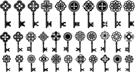 Collection of vintage ornate keys with decorative fleur de lis and cross elements. © Creative _ idea