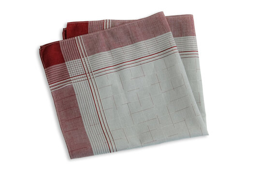 Folded cotton man's handkerchief featuring a burgundy and grey checkered pattern with fine linear accents, isolated on a white background.