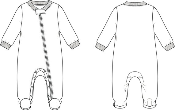 Front and back view of white baby romper with zipper and snaps.