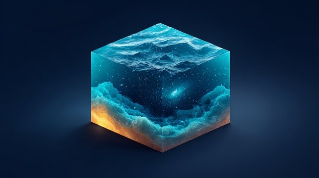 A stunning 3D cube showcasing ocean waves and a galaxy in a mesmerizing design. natural biotech innovation, organic wellness, environmental health