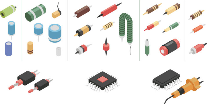 Isometric Electronic Components Collection Keywords: electronic components, isometric, resistors