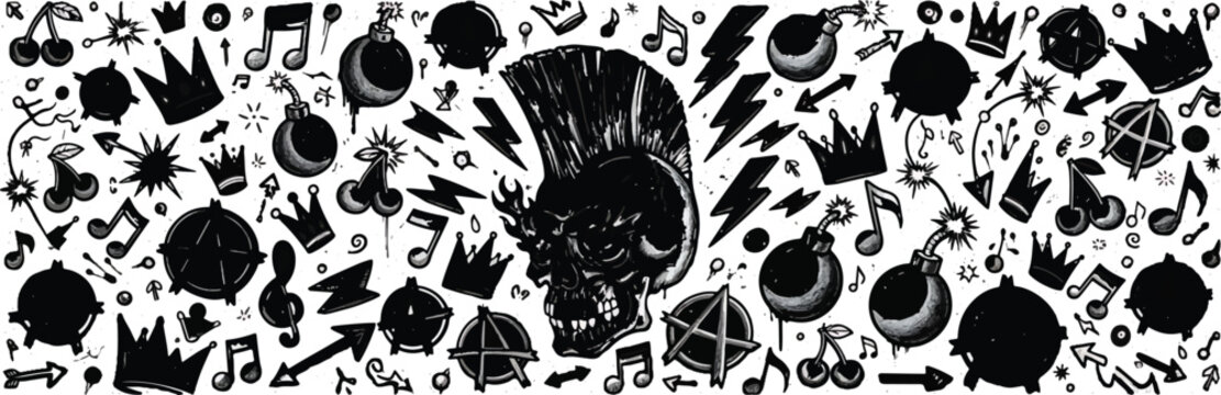 A detailed black and white illustration features a large skull with a punk mohawk surrounded by numerous graphic elements like crowns, music notes, bombs, and lightning bolts.