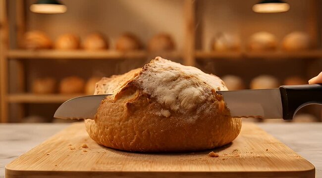 Slicing a freshly baked loaf of sourdough bread on wooden cutting board