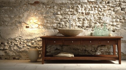 Fototapeta premium Wooden table with decorative bowls and textured stone wall background