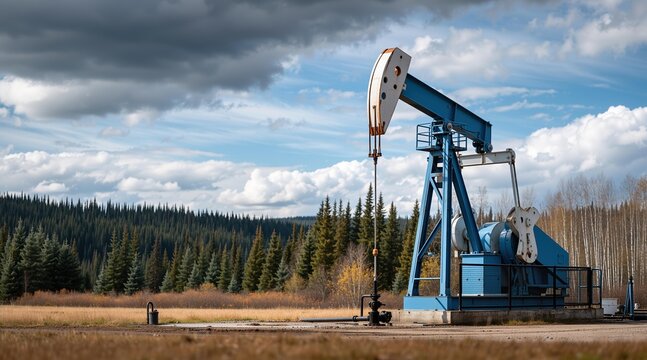 Oil pumpjack extracting petroleum in nature field. Industrial mechanism operating for energy production. Fossil fuel resource extraction technology in forest landscape. Environmental impact.